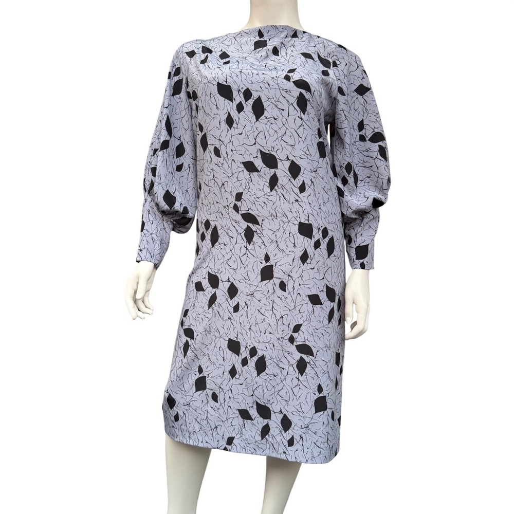 Murray Meisner Vintage Shift Dress Midi Balloon Sleeve Blue Black Leaf Print  14